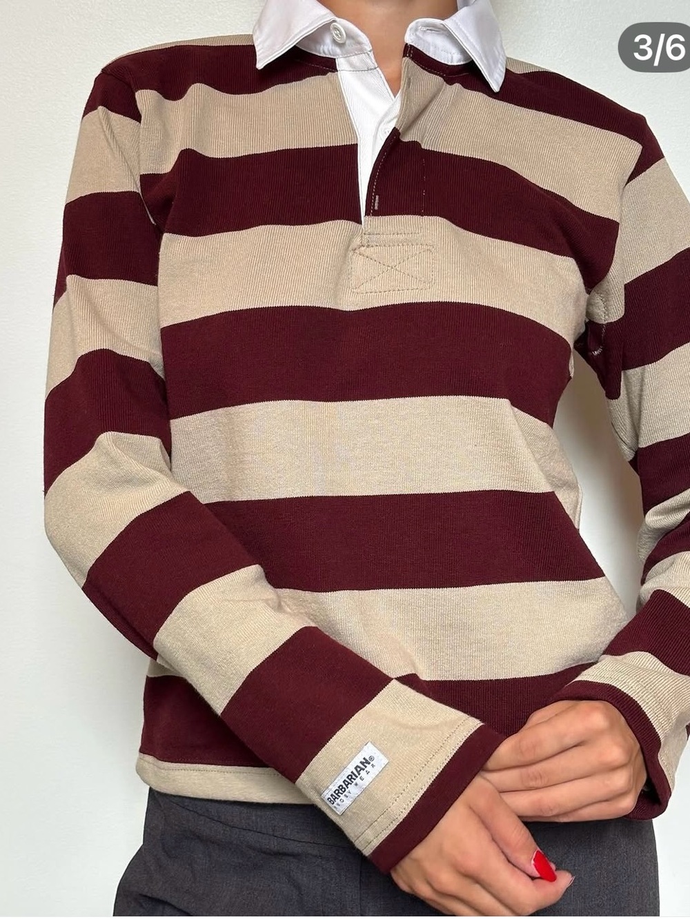 KOTN Burgundy and Beige Striped Rugby Top